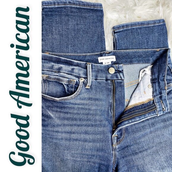 GOOD AMERICAN Good Legs Cigarette High Rise Busted Knee Distressed Jeans, Size 4 - Picture 10 of 13
